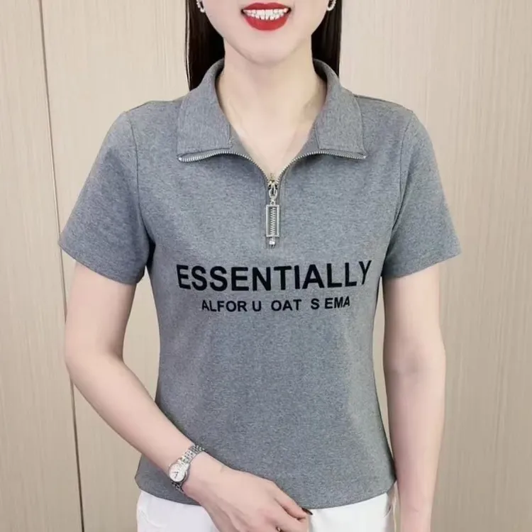 夏季新款时尚拉链领洋气字母印花百搭显瘦韩版短袖上衣女T恤小衫