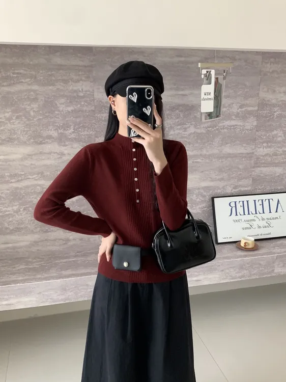 米咖半高领针织衫毛衣女装宽松软糯百搭秋冬加厚洋气时尚气质打底