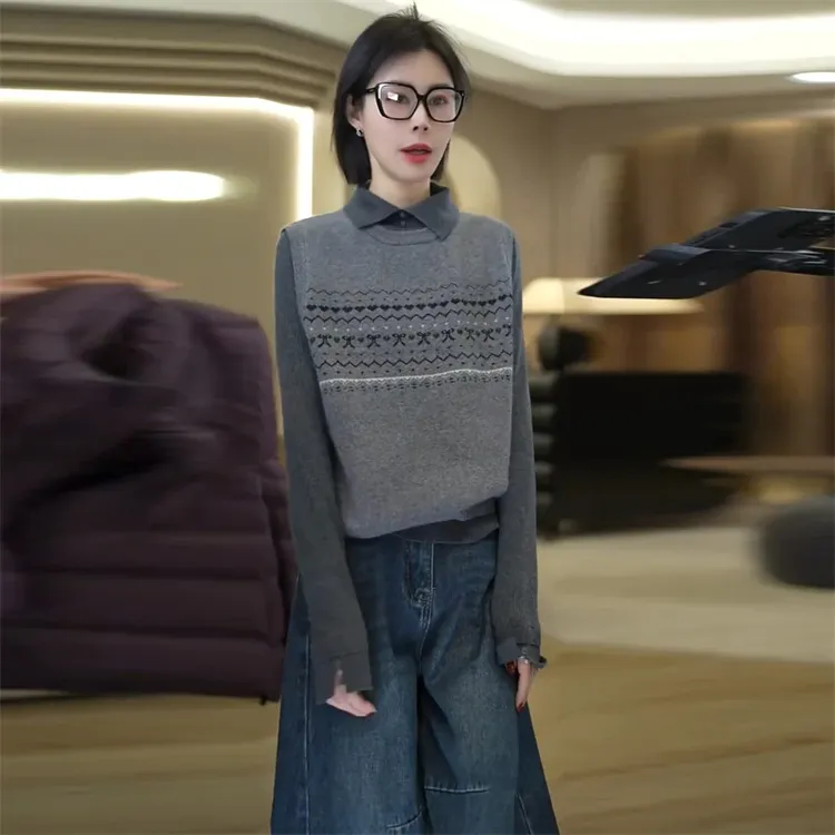 提花无袖针织马甲搭配POLO领长袖打底衫女韩系减龄休闲慵懒风套装