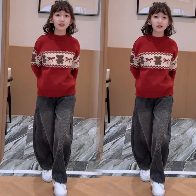 女童新款加绒红色毛衣中大童年款毛衣豹纹弯刀裤套装加厚针织衫