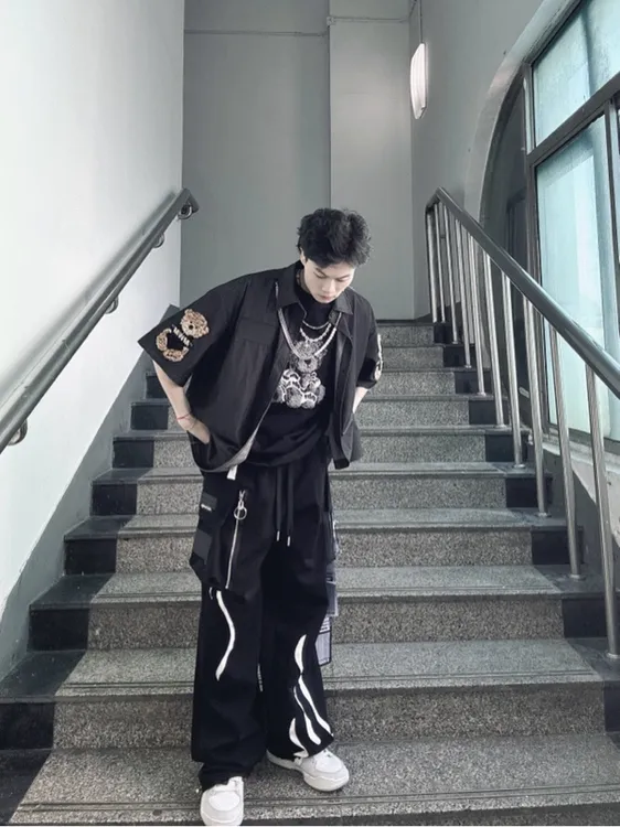 OOXOO50505条纹拼接休闲弯刀裤高腰宽松显瘦百搭款