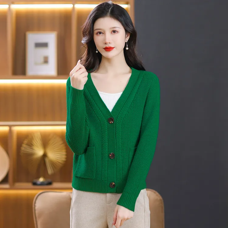 洋气时尚针织开衫外套女士秋冬新款宽松百搭V领长袖毛衣外搭上衣