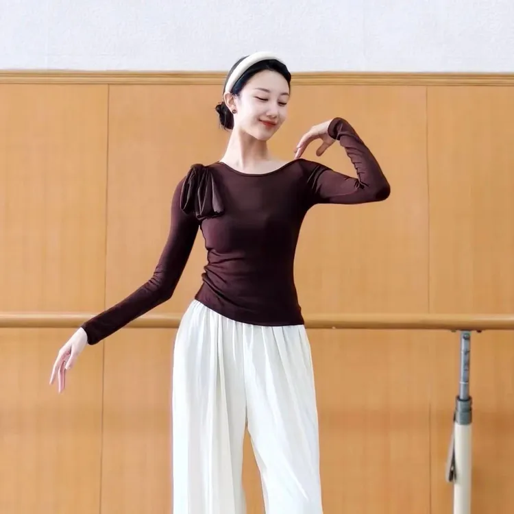 现代舞蹈服古典中国舞练功服秋冬斜肩飘带上衣形体训练服瑜伽拉丁
