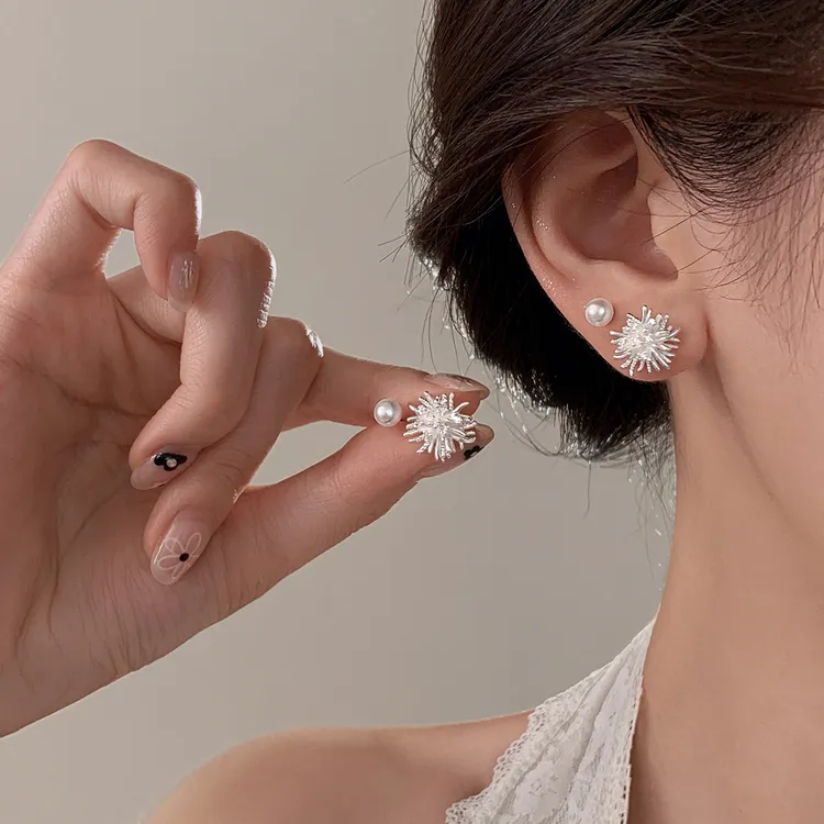 足银仿珍珠耳饰 999银针小烟花耳钉女小众轻奢ins设计感精致气质