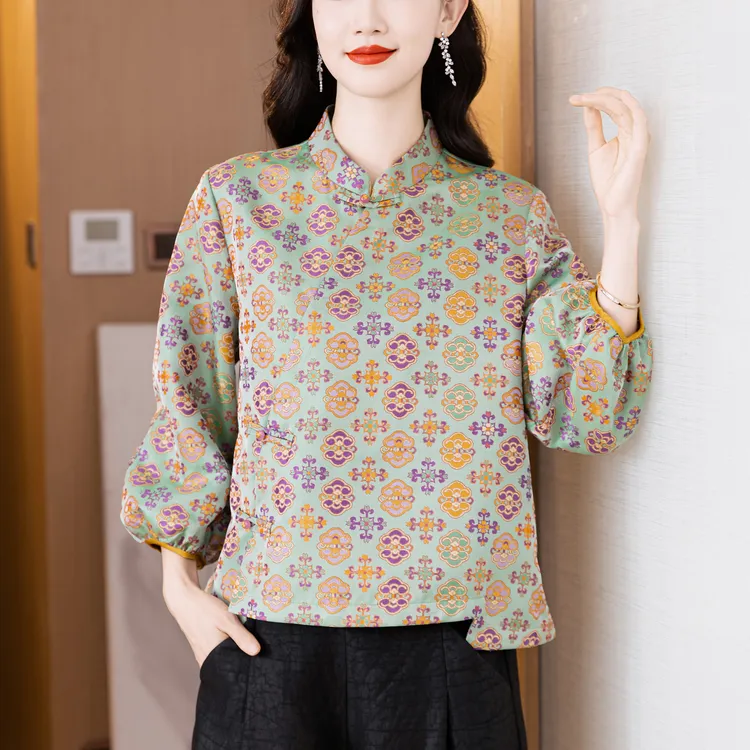 qyfs8133新中式国风唐装上衣2025秋冬新款优雅立领盘扣复古衬衣女