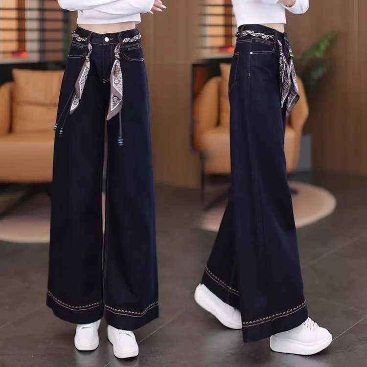 丹宁蓝阔腿牛仔裤女2025新款秋季窄版高腰复古宽松显瘦垂感直筒裤