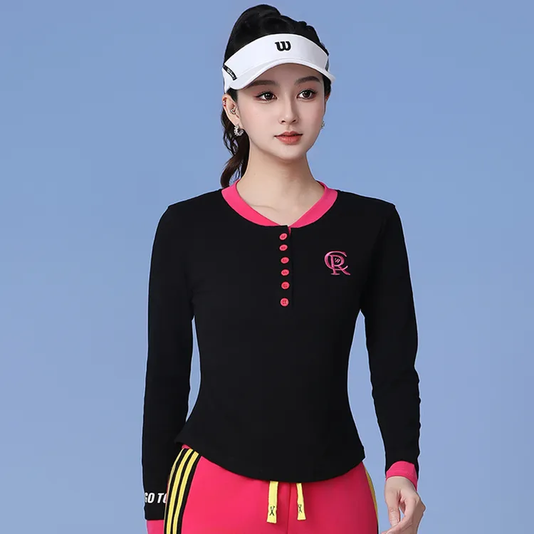 新款广场舞螺纹棉字母刺绣体恤长袖修身显瘦上衣