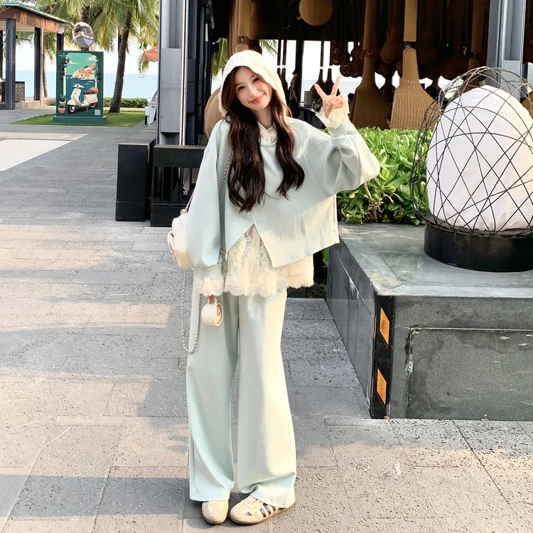 温柔甜酷慵懒风卫衣套装2025新款秋季蕾丝设计感叠穿阔腿裤三件套