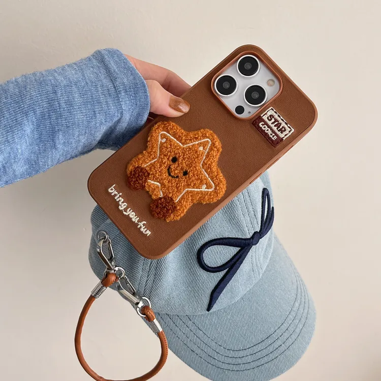 秋冬ins棕色绒布刺绣星星挂绳15适用iPhone17ProMax手机壳16Pro女