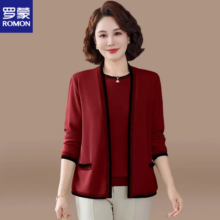 罗蒙妈妈秋装针织开衫上衣喜婆婆婚宴装中老年女装高档小衫两件套