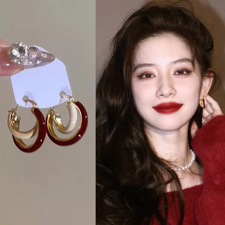 合金耳饰 安可拉红双层大圈耳环新款爆款高级感耳扣轻奢气质耳钉