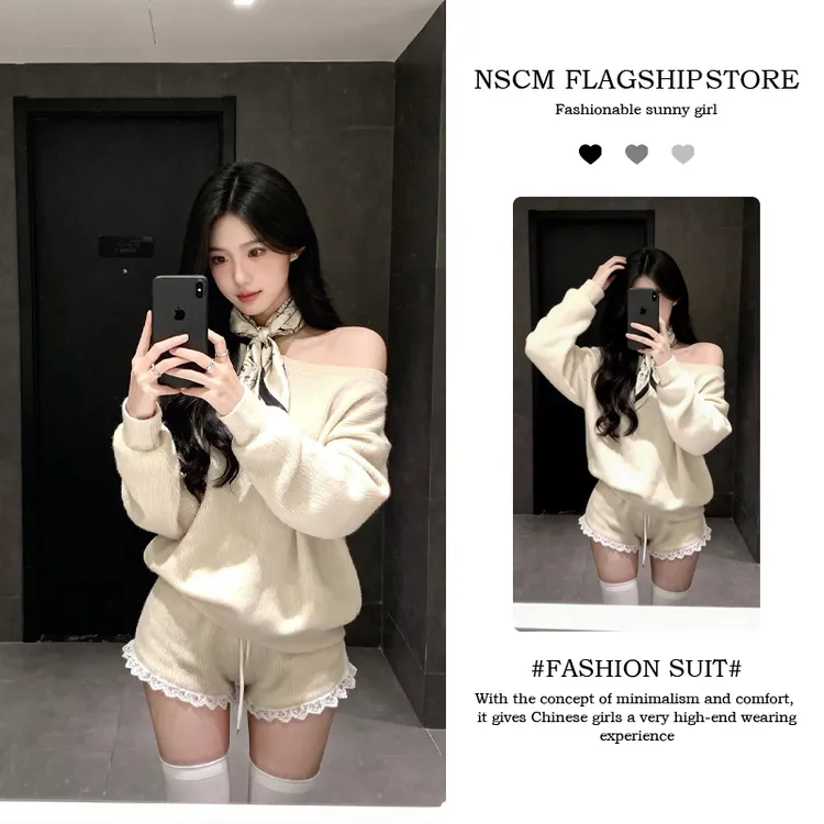 NSCM秋冬新款高级感露肩长袖针织衫上衣韩系穿搭设计气质百搭短裤