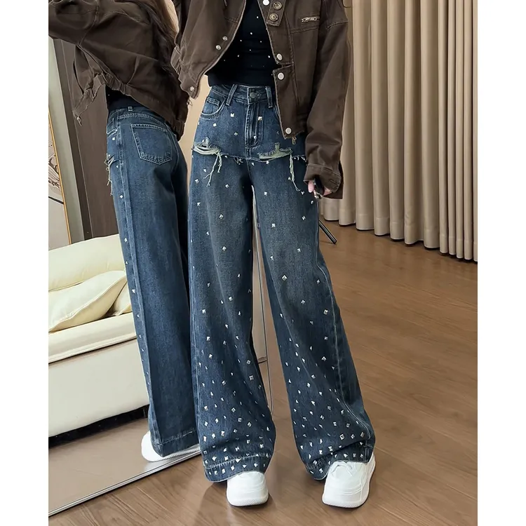226简约百搭设计感阔腿牛仔裤女秋季2025新款宽松显瘦直筒拖地裤