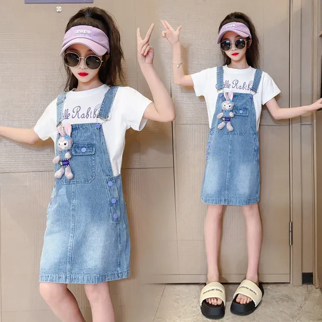 女童牛仔背带裙套装夏季新款中大童薄短袖T恤吊带裙子两件套儿童8