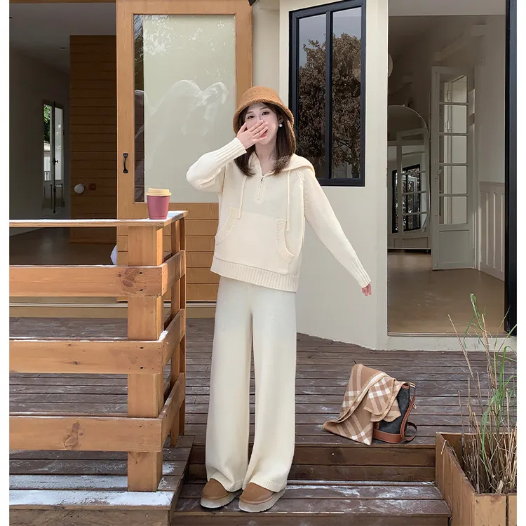 FUGUI RICH【秋云落日】小个子秋季新款上衣+长裤时尚法式毛织套装