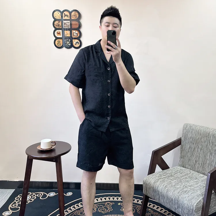 男士休闲短袖印花睡衣套装夏季2025奢华高品质可外穿家居服轻薄潮