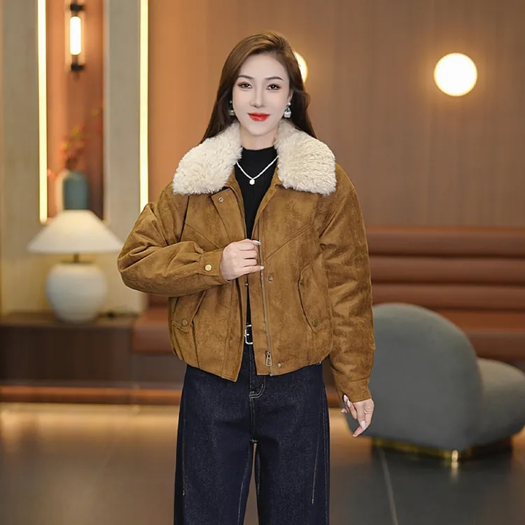 爆款夹棉加厚可脱卸毛领麂皮绒棉服外套女秋冬2025夹克保暖派克服