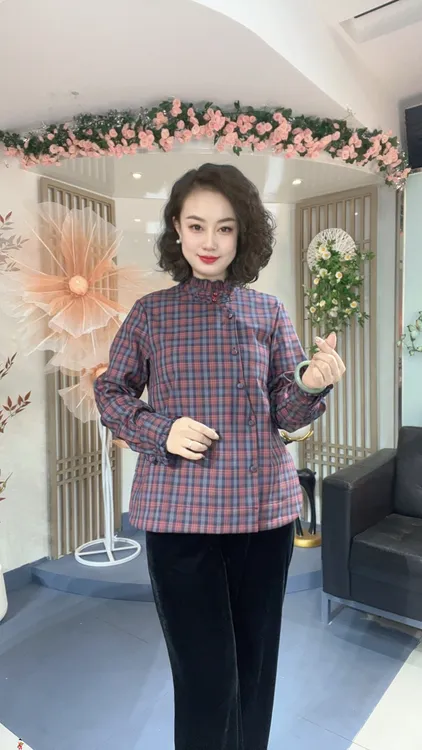 【秋冬加绒】新中式国风高级感格纹木耳边盘扣立领斜扣衬衫7317