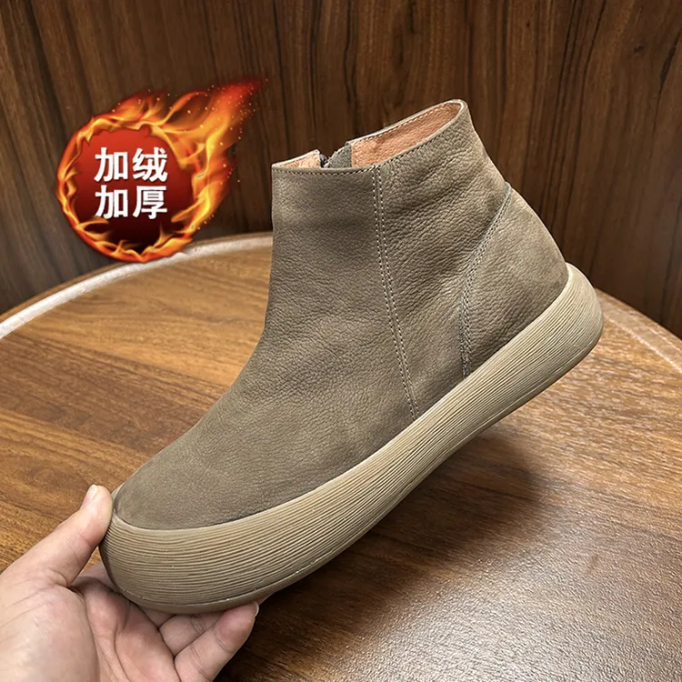 男真皮切尔西靴耐磨素面侧拉链短靴复古软底高帮鞋加绒棉鞋马丁靴