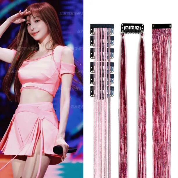 王心凌同款镭射金丝假发丝接发丝舞台造型彩色发丝跨境爆款挂耳染