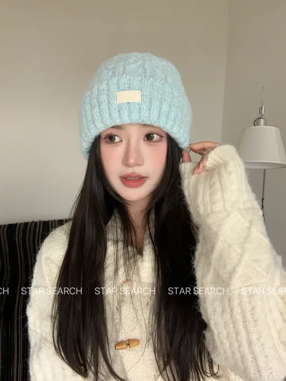 韩系ins风~蓝色显白麻花针织帽女秋冬加厚保暖毛线帽甜美包头帽子