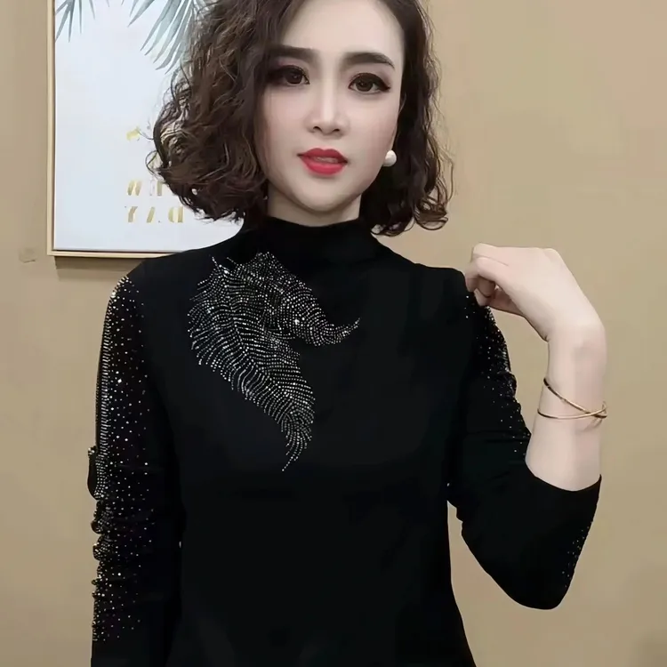 双面德绒半高领打底衫女秋冬时尚妈妈装烫钻保暖小衫内搭长袖上衣