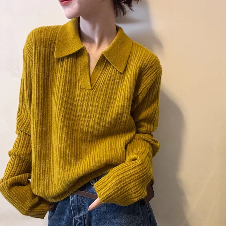 翻领针织衫女纯色宽松2025秋季百搭流行长袖简约上衣套头毛衣