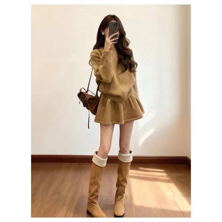 巨好看冬季一整套轻奢高级感大方得体穿搭驼色针织衫两件套装裙