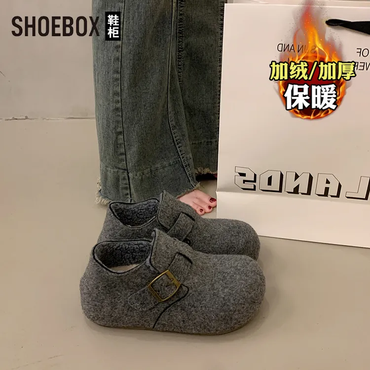 达芙妮旗下鞋柜厚底勃肯鞋女冬季新款外穿加绒毛毛鞋懒人包头棉鞋