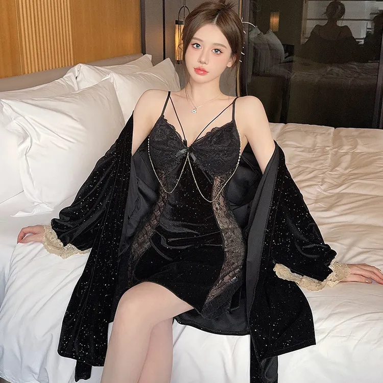 秋冬金丝绒长袖金钻绒甜美薄绒家居服绒满天星烫钻两件套睡裙