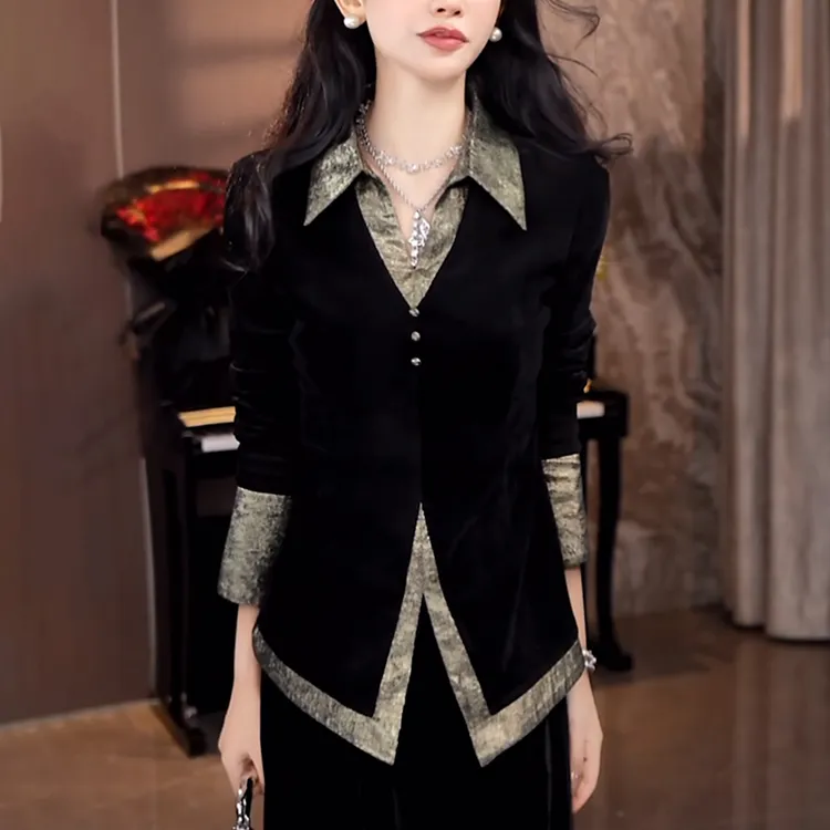 时尚别致v领衬衫女士2025秋季高级感百搭减龄休闲显瘦中长款上衣