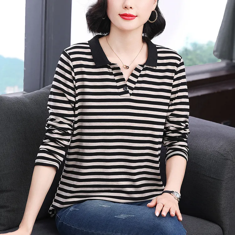 Polo领条纹纯棉长袖T恤女士秋装2025新款休闲宽松内搭打底衫上衣