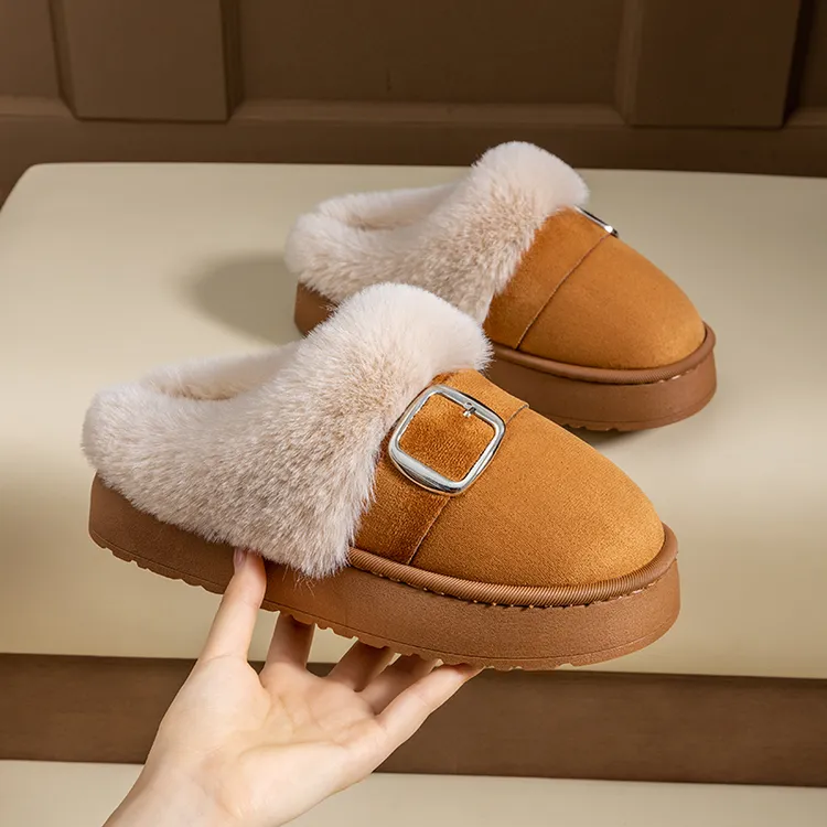 冬季女厚款耐磨保暖W钩编系列棉拖棉拖鞋包头通用羊绒杏花