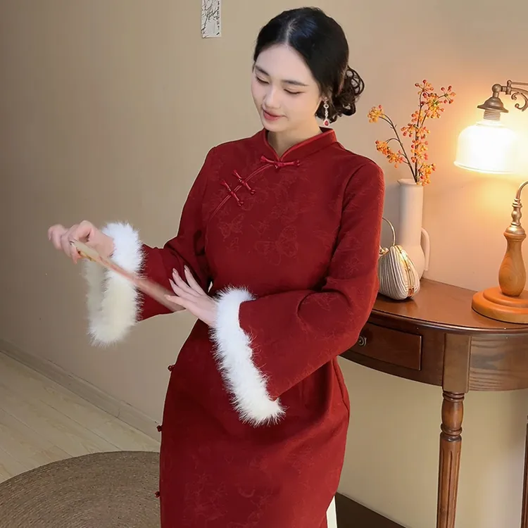 禧礼【自制款】加绒版原创设计新中式红色冬季旗袍连衣裙大码胖mm