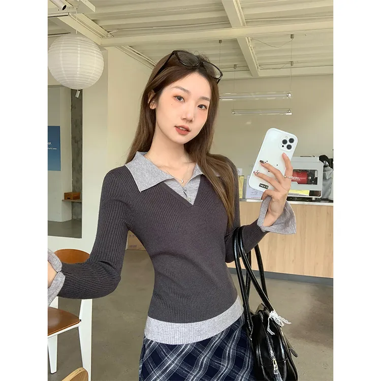 撞色假两件针织打底衫女秋冬内搭显瘦Polo领喇叭长袖气质毛衣上衣