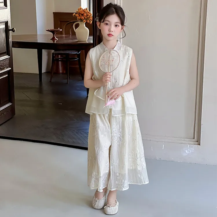 女童新中式套装2025夏季新款中大童上衣裙裤国风亮片刺绣两件套