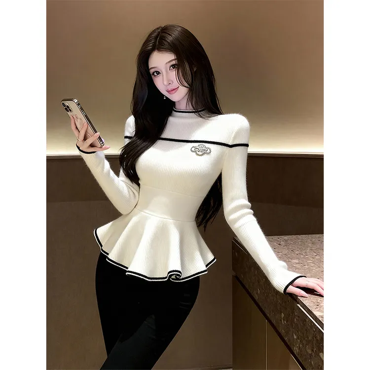 清冷贵气感白色收腰针织衫2025秋冬季小香风内搭可外穿毛衣打底衫