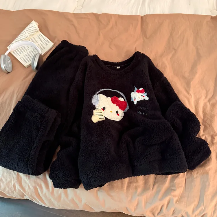 珊瑚绒睡衣女秋冬季2025新款大码加厚长毛绒黑kt套装可外穿家居服