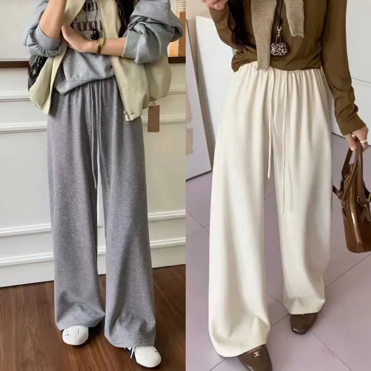 慵懒松弛糯米磨毛羊绒感口袋阔腿裤女秋柔软垂感显瘦直筒休闲长裤