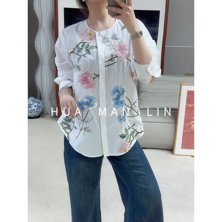 【花滿林】‘粉蓝相拥’圆领重工刺绣匹马棉长袖上衣259035