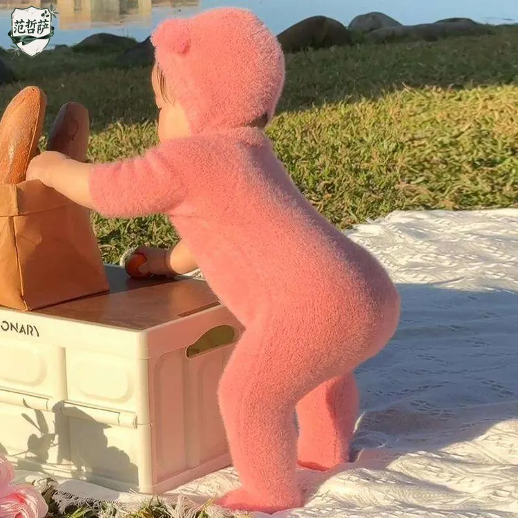网红ins婴儿秋冬装连身衣男女宝水貂绒可爱小熊包脚爬服外出哈衣