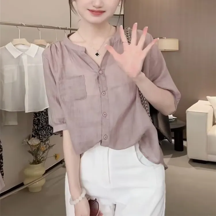 韩式简约时尚气质衬衫女2025夏季新款V领潮流百搭气质显瘦上衣