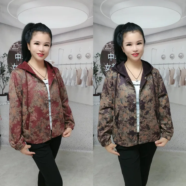 妈妈装秋季短款花色宽松休闲开衫中老年女性时尚外套