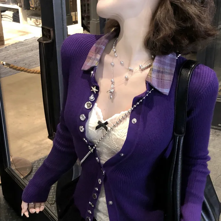 紫色慵懒风重工纽扣针织毛衣开衫女秋冬设计感软糯修身打底衫上衣