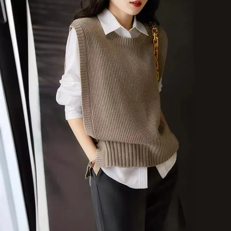 毛衣新款显瘦春秋抗边扣背心女圆领2024起球纯色日系马甲针织时