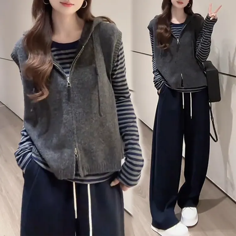 2025秋季新款减龄休闲女针织衫搭马夹显瘦休闲裤时尚套装潮流女士