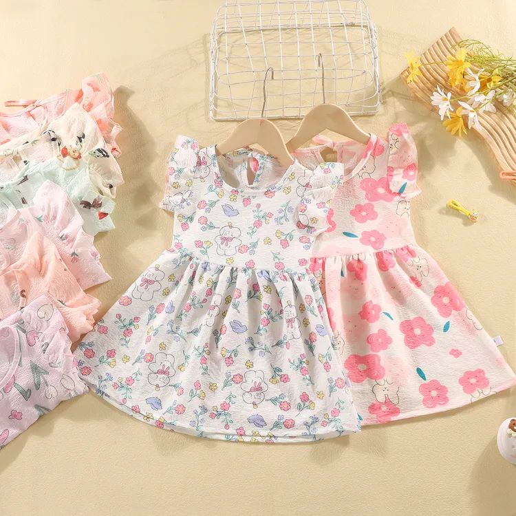 甜美女童碎花飞袖连衣裙女宝宝韩版碎花儿童公主时尚蓬蓬连衣裙