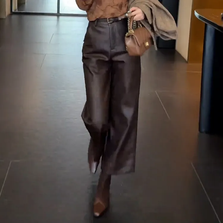咖色高腰PU皮裤女2025秋季流行新款高腰通勤气质休闲九分直筒裤子