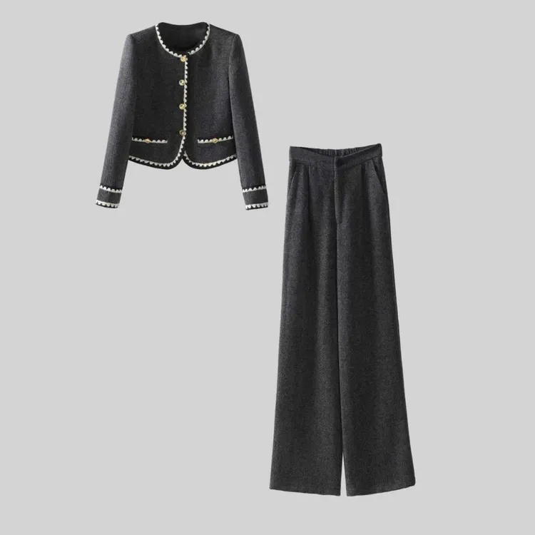 夹棉小香风套装女2025秋冬新款气质加厚千金短款上衣裤子套装H569