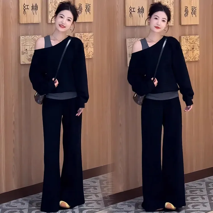 休闲运动套装女2025秋季新款时髦洋气斜肩假两件卫衣阔腿裤两件套